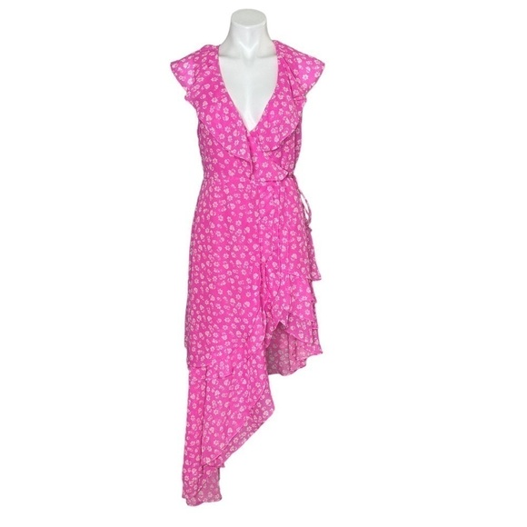 Lulu's Cornelia Pink Floral Ruffled Wrap Midi Dress small - Picture 2 of 7